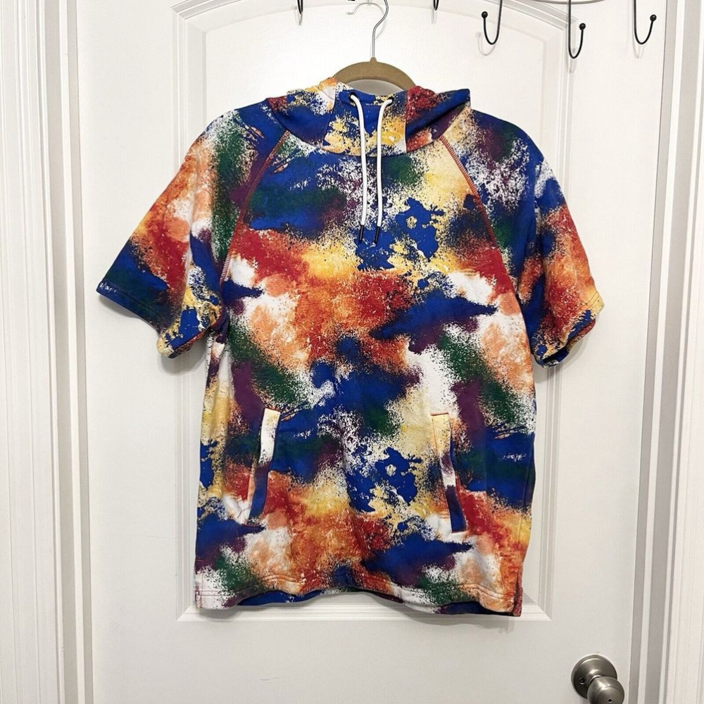REEBOK Active Movement Short Sleeve Hoodie Pullover Men's Rainbow Tie Dye-‎ SZ M